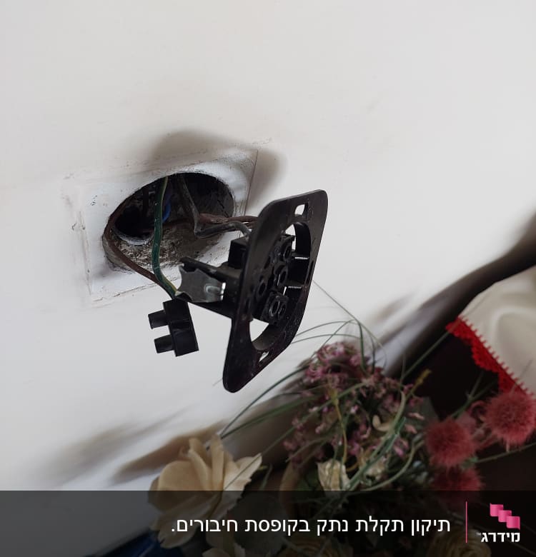 שקע חשמלי פתוח עם חוטים חשופים בקיר